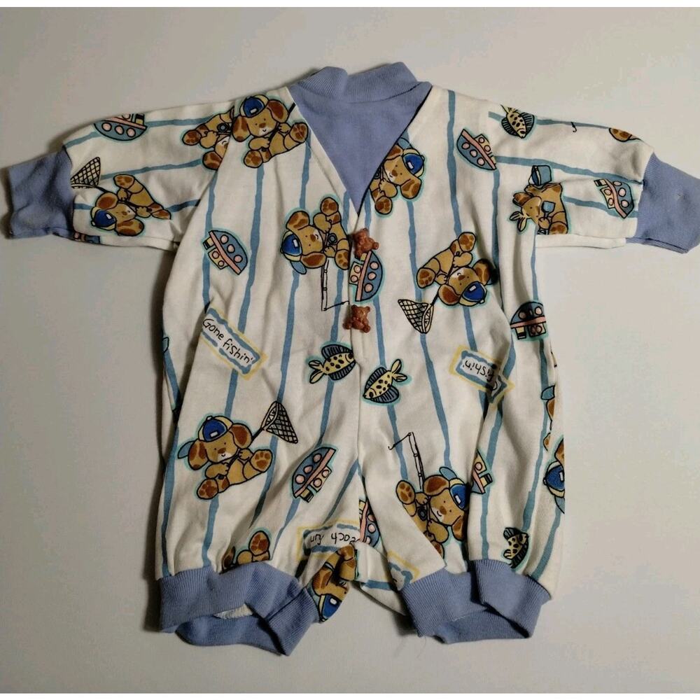 Gone Fishing Baby Outfit Blue White - Dog Bear Jumpsuit 3/6 Month - No Tag- Doll